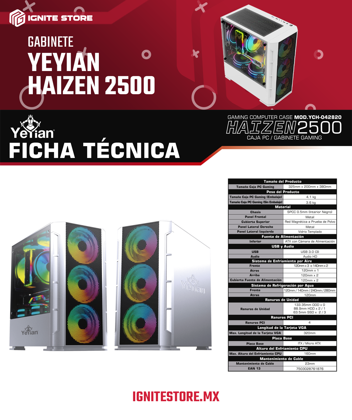 Gabinete Yeyian Haizen 2500 | Blanco | Micro-ATX | Cristal templado | YCH-042820