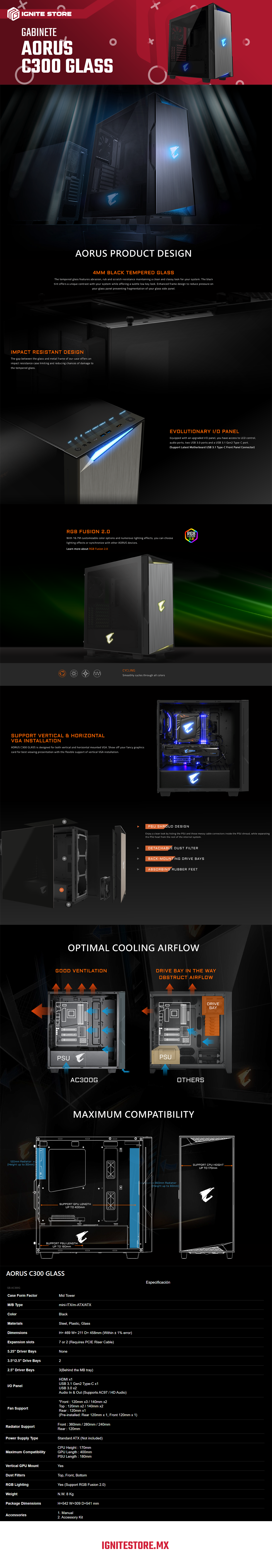 GABINETE GIGABYTE AORUS C300 GLASS RGB NEGRO USB C - GB-AC300G