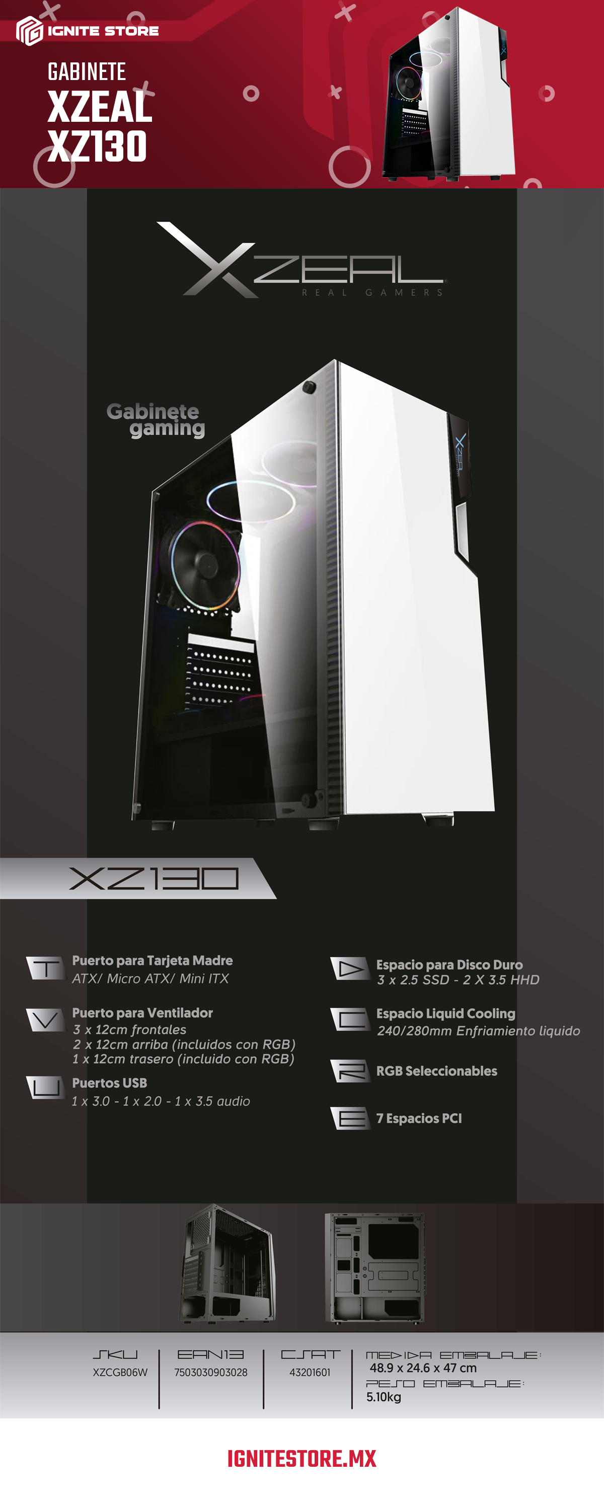 Gabinete XZeal XZ130 | ATX | Micro-ATX | Mini-ITX | Blanco | XZCGB06W