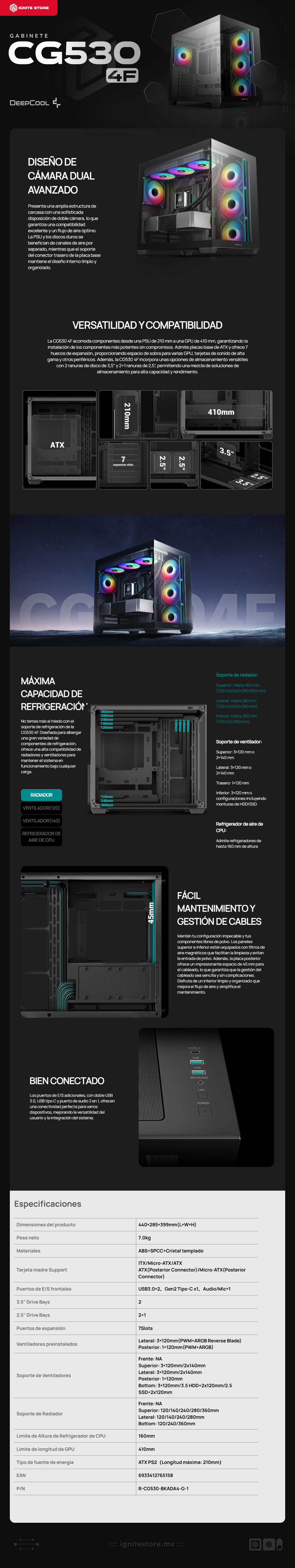 Gabinete Deepcool CG530 4F | ATX / Micro-ATX / ITX  | Back Connect ATX / Mini-ATX | 4 Ventiladores Preinstalados | Color Negro | R-CG530-BKADA4-G-1