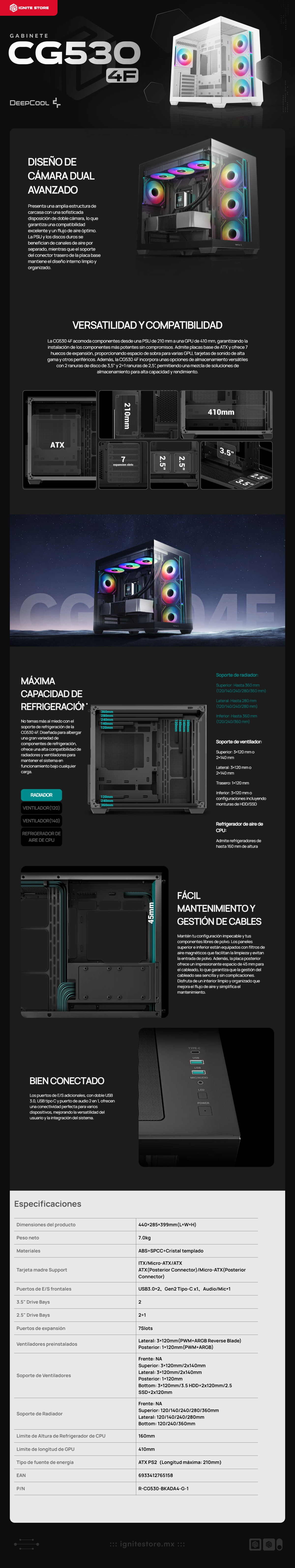 Gabinete Deepcool CG530 4F | ATX / Micro-ATX / ITX | Back Connect ATX / Mini-ATX | 4 Ventiladores Preinstalados | Color Blanco | R-CG530-WHADA4-G-1