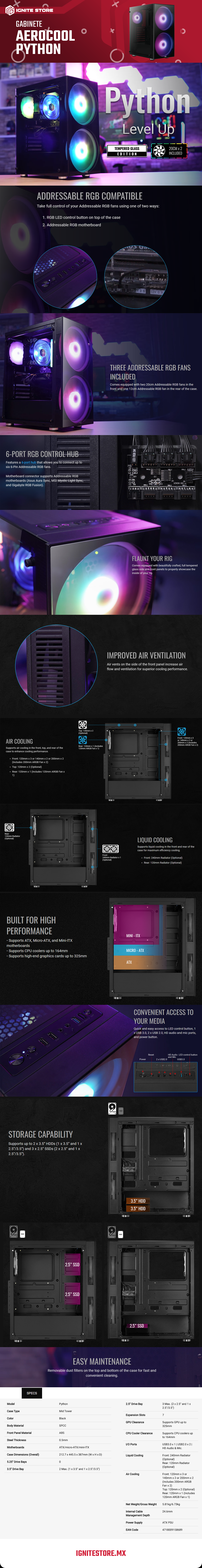 GABINETE AEROCOOL PYTHON BLACK ARGB 1 FAN RGB