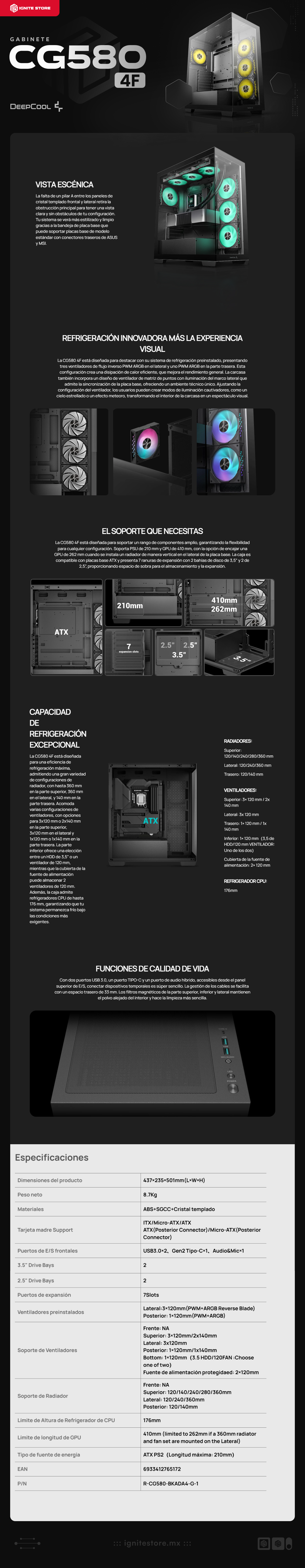 Gabinete DeepCool CG580 4F | Mid-Tower | ATX/Micro-ATX/Mini-ITX | ATX/mATX (Back Connect) | 4 Ventiladores Preinstalados (120mm)| Negro | R-CG580-BKADA4-G-1