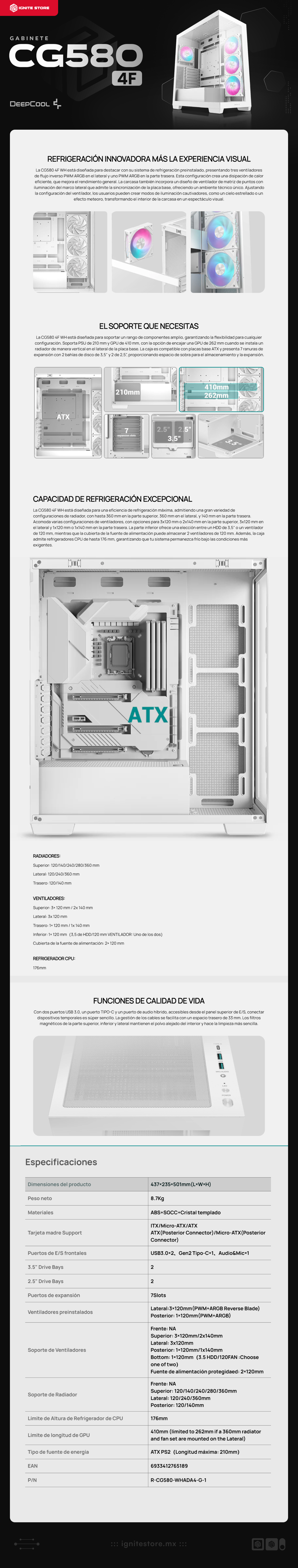 Gabinete DeepCool CG580 4F | Mid-Tower | ATX/Micro-ATX/Mini-ITX | ATX/mATX (Back Connect) | 4 Ventiladores Preinstalados (120mm)| Blanco | R-CG5802-WHADA4-G-1