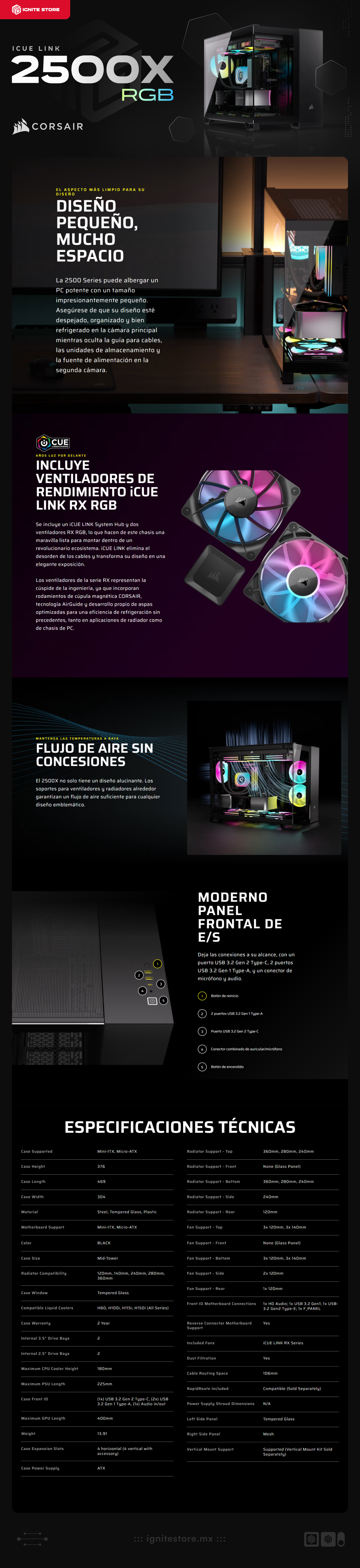 Gabinete Corsair iCUE LINK 2500X RGB |  Mid-Tower | Micro-ATX/Mini-ITX | Micro-ATX/Mini-ITX (Conector inverso) | 2 Ventiladores iCUE LINK preinstalados | Color Negro | CC-9011267-WW