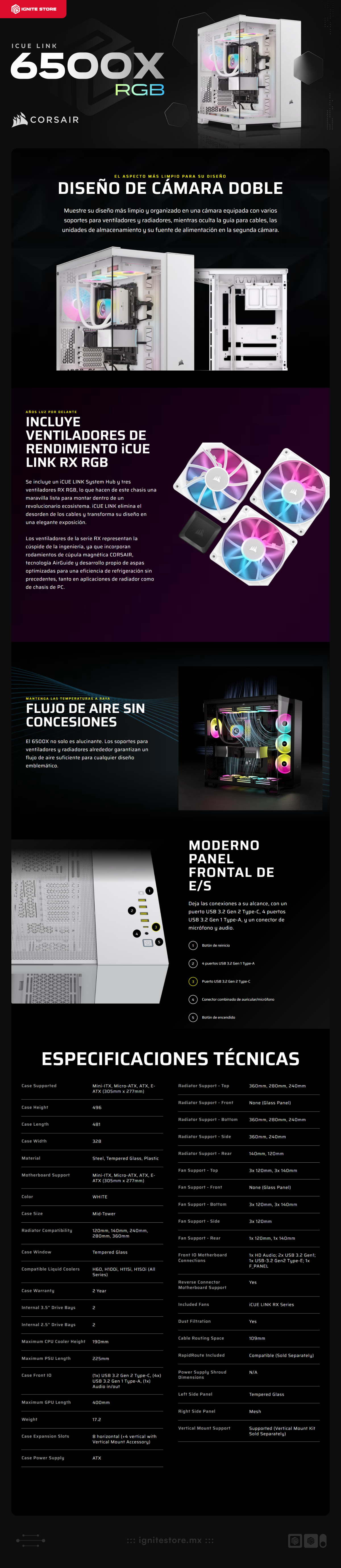 Gabinete Corsair iCUE LINK 6500X RGB | Semitorre | E-ATX/ATX/mATX/MiniITX | Micro-ATX/Mini-ITX (Conector inverso) | 3 Ventiladores iCUE LINK preinstalados | Color Blanco | CC-9011270-WW