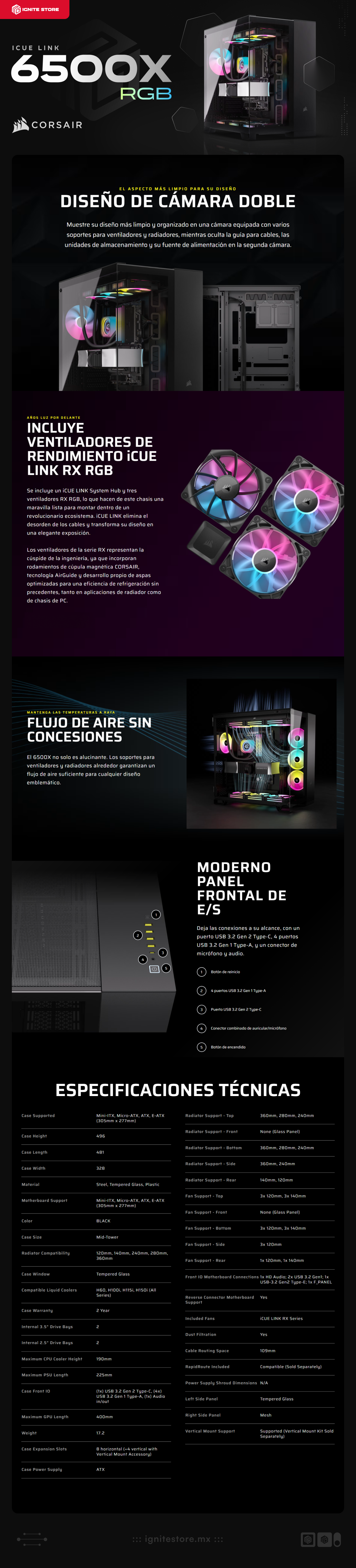 Gabinete Corsair iCUE LINK 6500X RGB | Semitorre | E-ATX/ATX/mATX/MiniITX | Micro-ATX/Mini-ITX (Conector inverso) | 3 Ventiladores iCUE LINK preinstalados | Color Negro | CC-9011269-WW