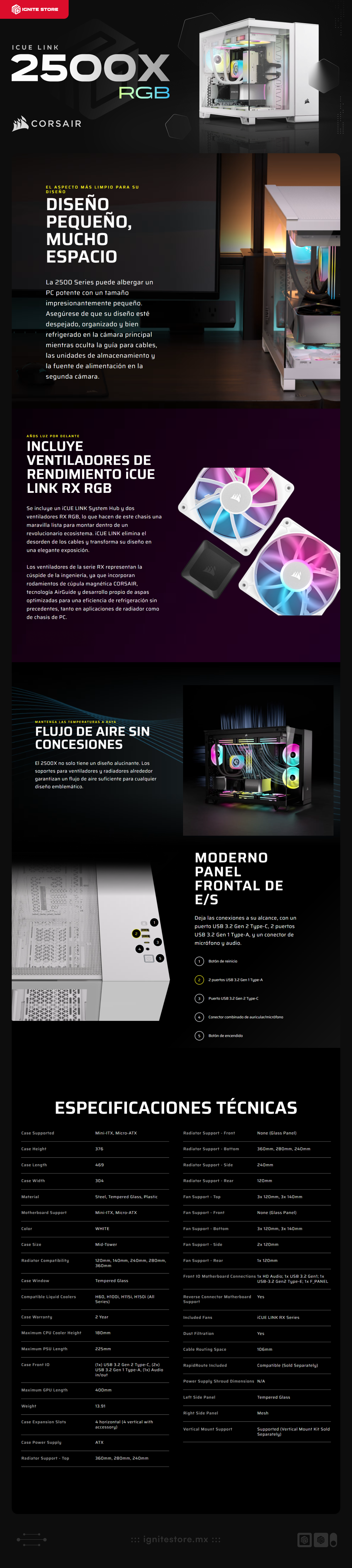 Gabinete Corsair iCUE LINK 2500X RGB | Mid-Tower | Micro-ATX/Mini-ITX | Micro-ATX/Mini-ITX (Conector inverso) | 2 Ventiladores iCUE LINK preinstalados | Color Blanco | CC-9011268-WW