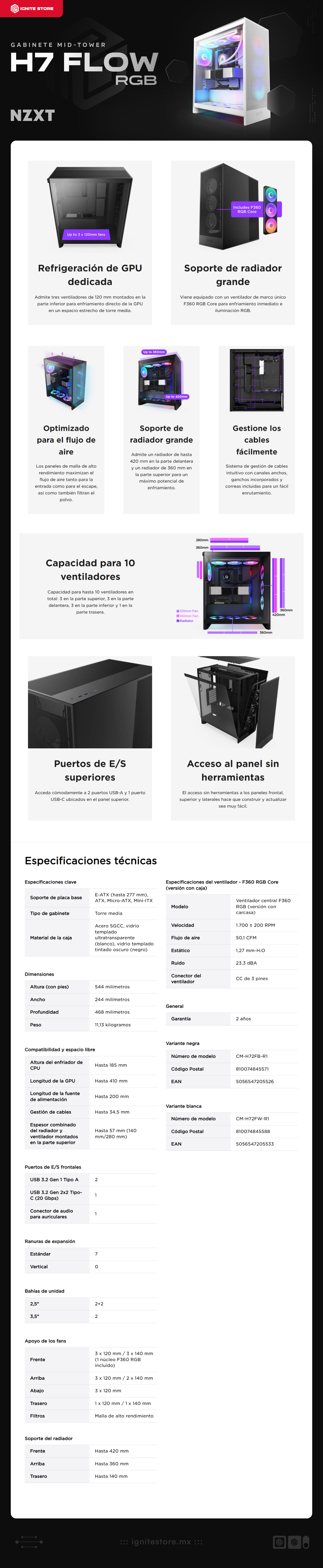Gabinete NZXT H7 Flow RGB | Mid-Tower | E-ATX , ATX, Micro-ATX, Mini-ITX | Ventilador RGB 360mm Preinstalado | CM-H72FW-R1