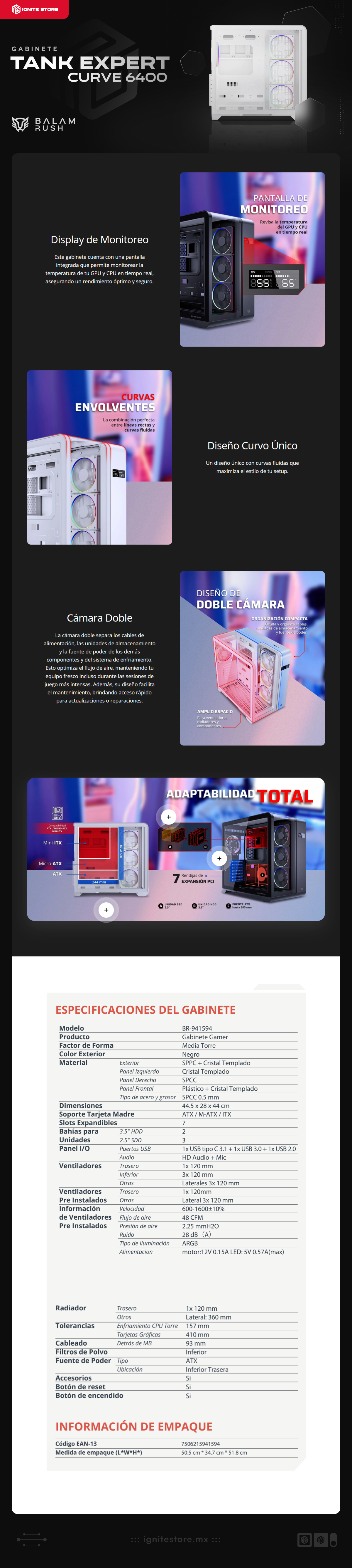 Gabinete Balamrush Tank Expert Curve 6400 | Mini Torre | M-ATX/ ITX | Panel de Cristal Curvo | 3 Ventiladores ARGB preinstalados | Color Blanco | BR-941624