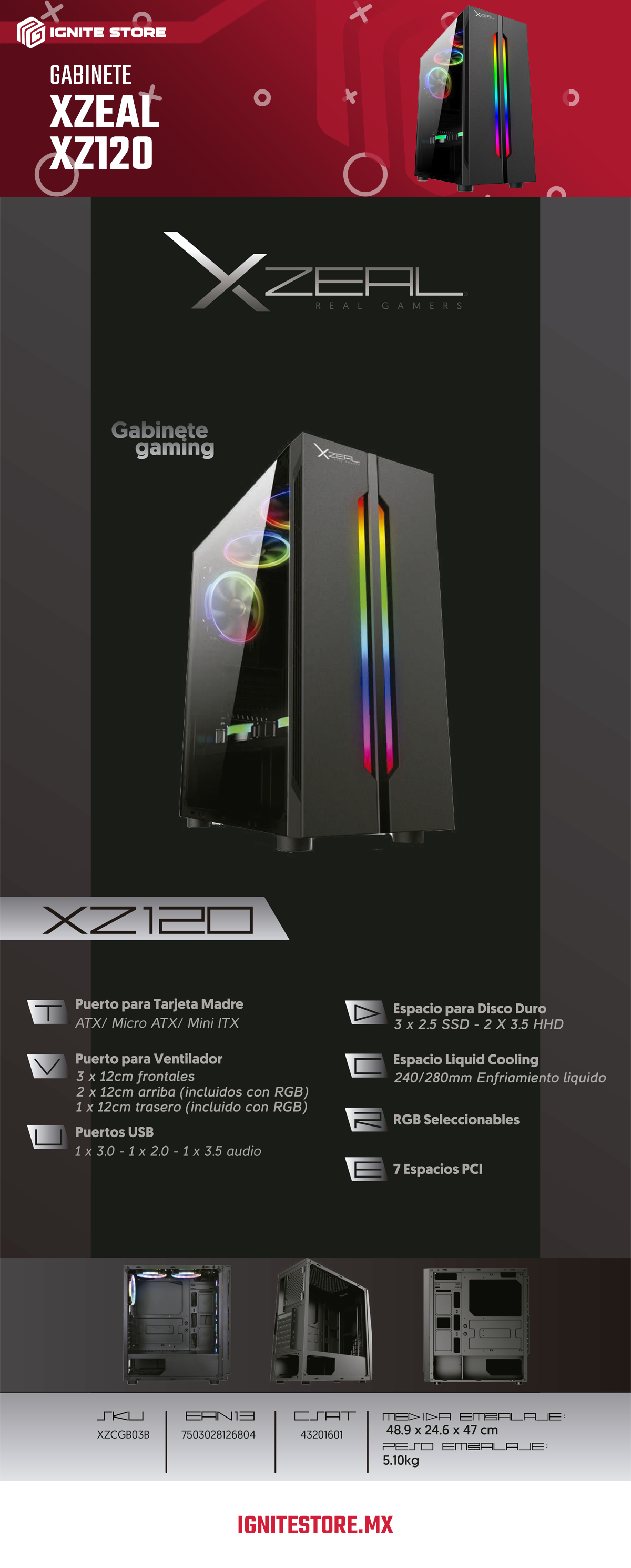 Gabinete Xzeal XZ120 | ATX/Micro-ATX | 3 Ventiladores | Negro | XZCGB03B