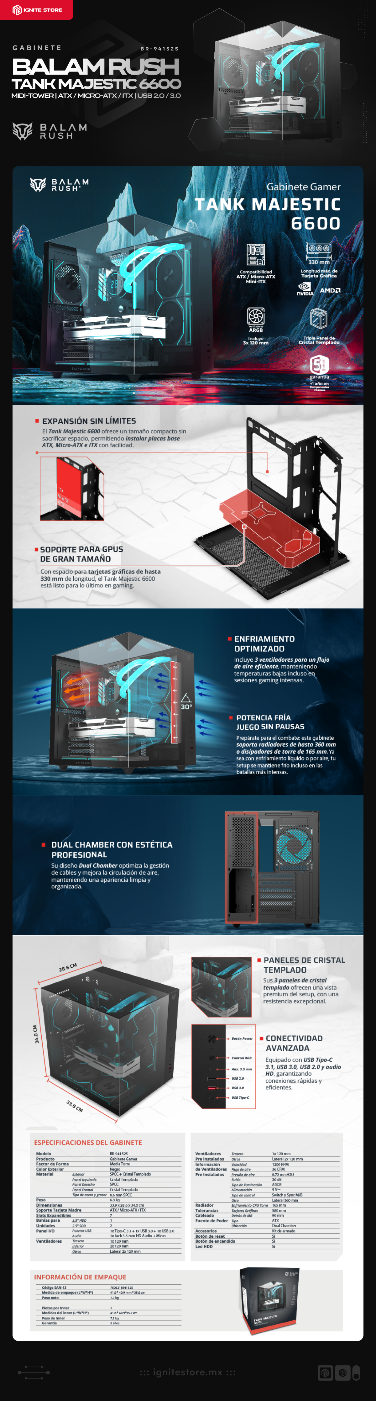 Gabinete Balam Rush Tank Majestic 6600 | Midi-Tower | ATX / Micro-ATX / ITX | USB 2.0 / 3.0 | Sin Fuente | 3 Ventiladores Instalados | BR-941525