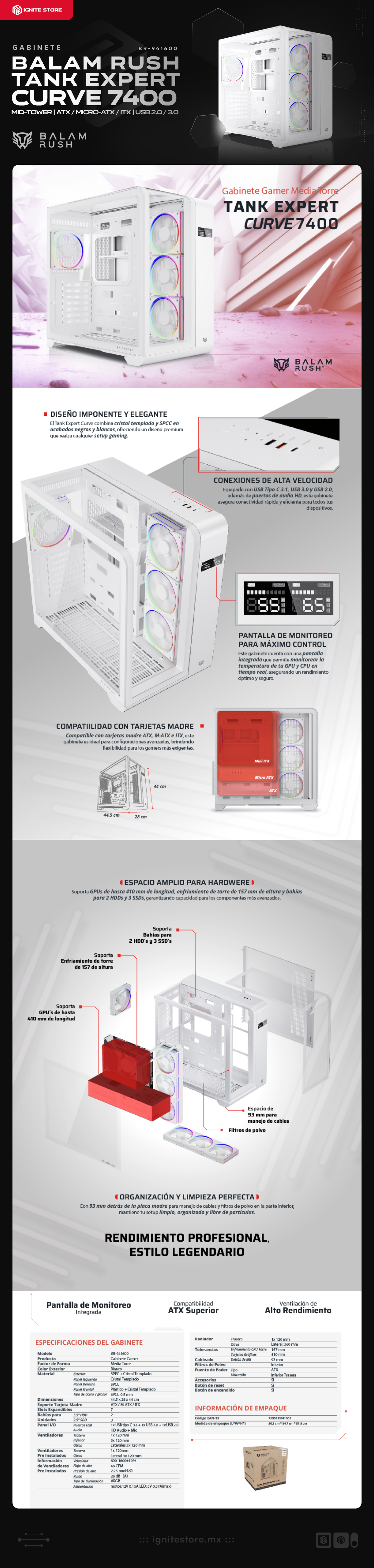 Gabinete Balam Rush Tank Expert Curve 7400 | Mid-Tower | ATX / Micro-ATX / ITX | USB 2.0 / 3.0 | 4 Ventiladores Incluidos | Sin Fuente | Blanco | BR-941600