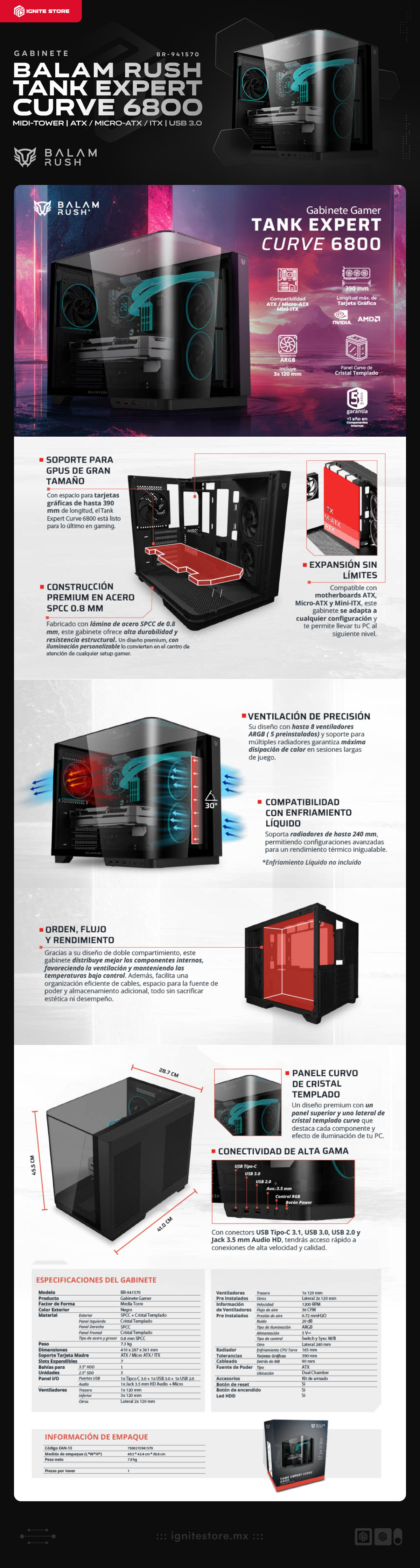 Gabinete Balam Rush Tank Expert Curve 6800 | Midi-Tower | ATX / Micro-ATX / ITX | USB 2.0 / 3.0 | 3 Ventiladores Instalados | Sin Fuente | Negro | BR-941570