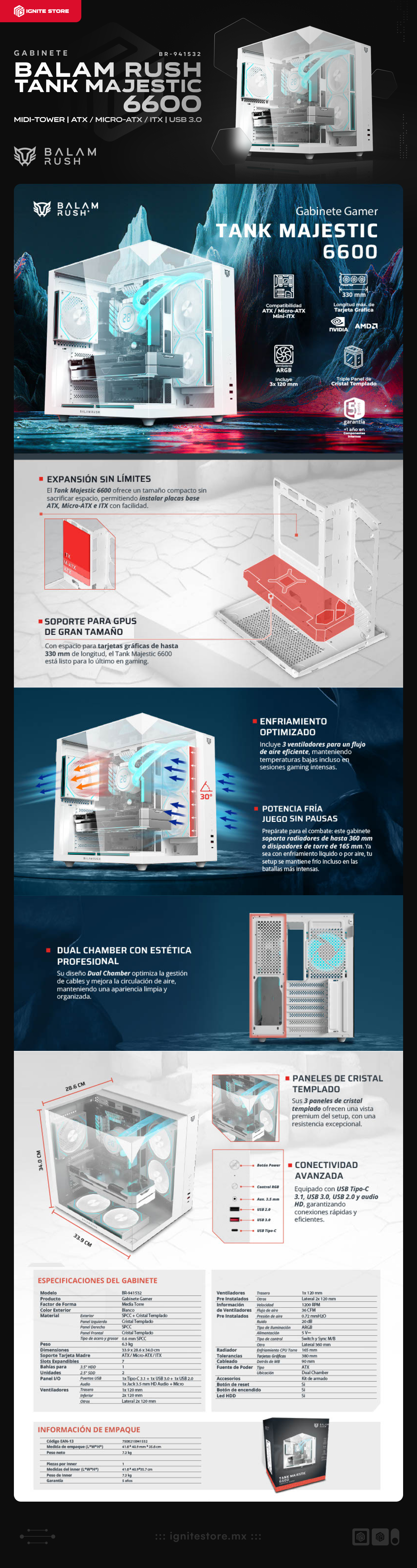 Gabinete Balam Rush Tank Majestic 6600 | Midi-Tower | ATX / Micro-ATX / ITX | USB 2.0 / 3.0 | 3 Ventiladores Instalados | Sin Fuente | BR-941532