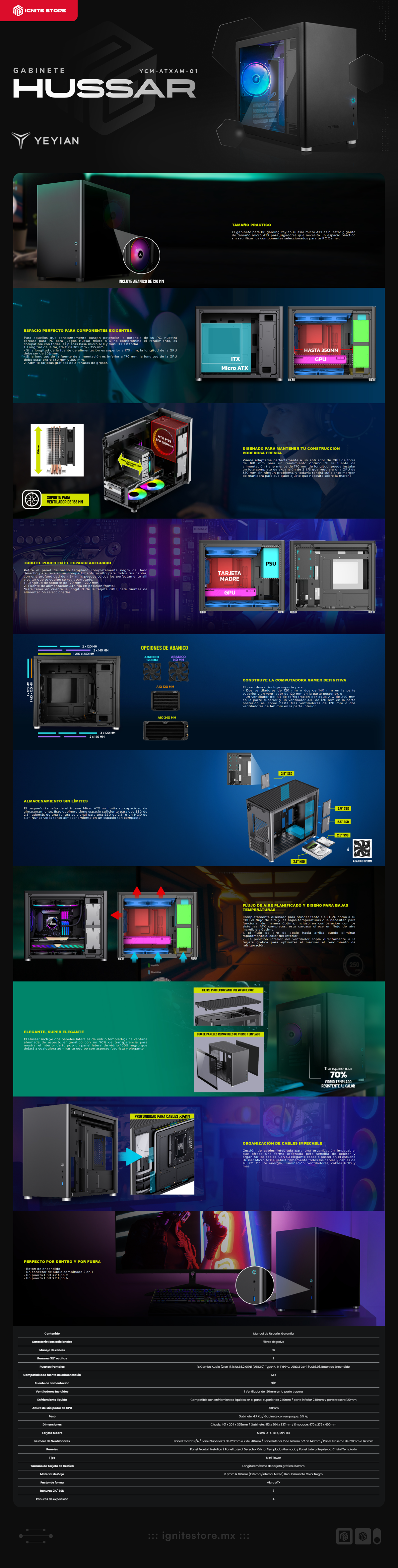 Gabinete Yeyian Hussar | Mini-Tower | Micro-ATX / Mini-ITX | USB 3.0 | 1 Ventilador Instalado | Sin Fuente | Negro | YCM-ATXAW-01