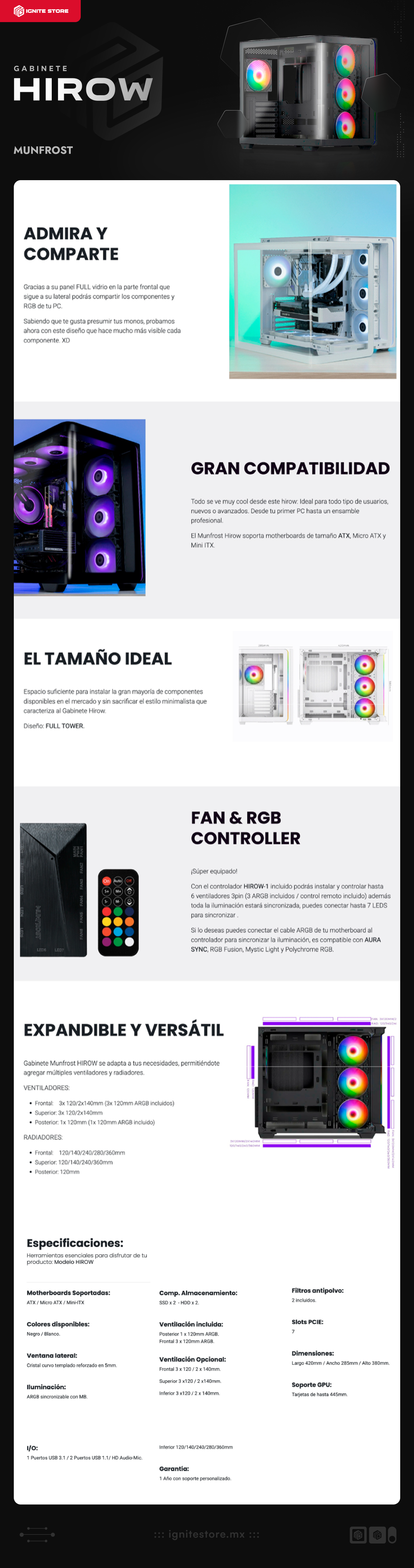 Gabinete Munfrost Hirow | Torre Completa | Mini ITX / Micro ATX / ATX | USB 3.0 | Cristal Curvo Templado | Negro | CGHIROWLFBMFT