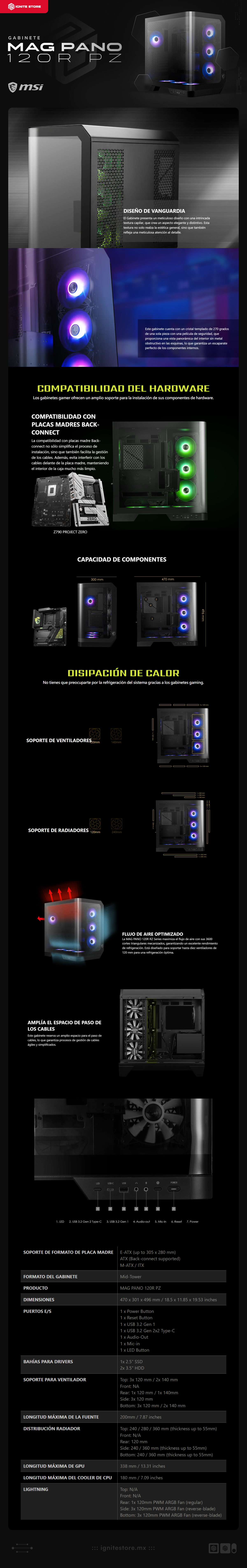 Gabinete MSI MAG PANO 120R PZ | Media Torre | E-ATX / ATX (Soporta Back Connect) / M-ATX / ITX | USB 3.2 | Cristal Templado Panorámico | 7 Ventiladores ARGB Pre-Instalados | Negro | MAG PANO 120R PZ