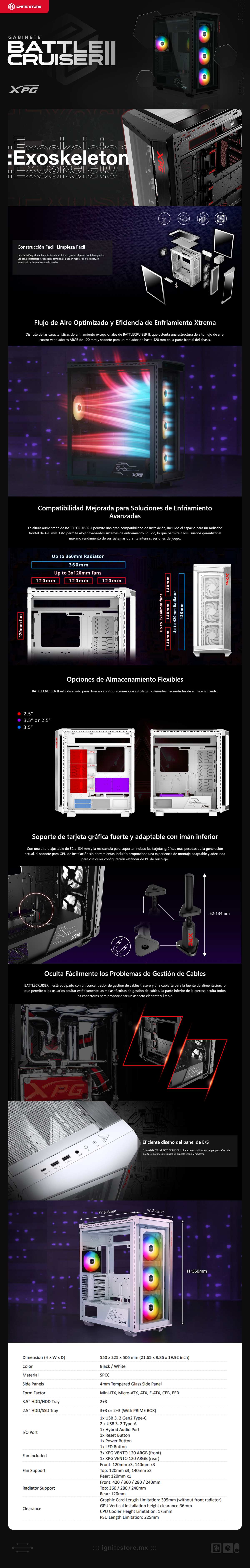 Gabinete XPG BATTLECRUISER II | Media Torre | E-ATX / ATX / M-ATX / ITX | USB 3.2 | Cristal Templado | 4 Ventiladores ARGB Pre-Instalados | Negro | BATTLECRUISERIIST-BKCWW