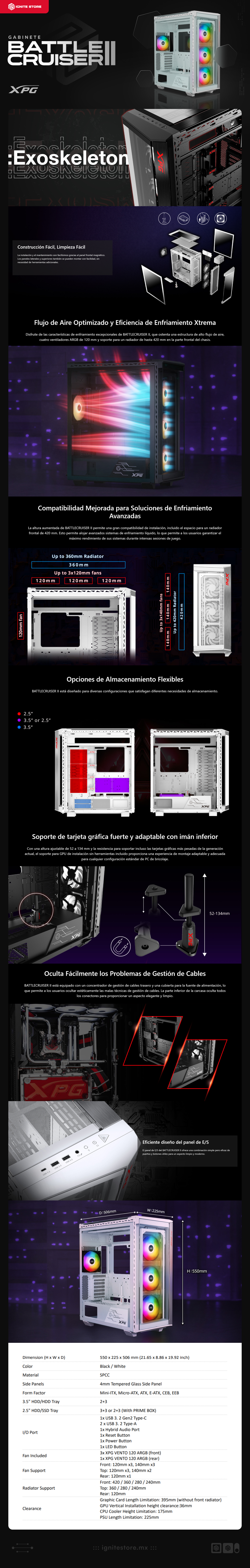 Gabinete XPG BATTLECRUISER II | Media Torre | E-ATX / ATX / M-ATX / ITX | USB 3.2 | Cristal Templado | 4 Ventiladores ARGB Pre-Instalados | Blanco | BATTLECRUISERIIST-WHCWW