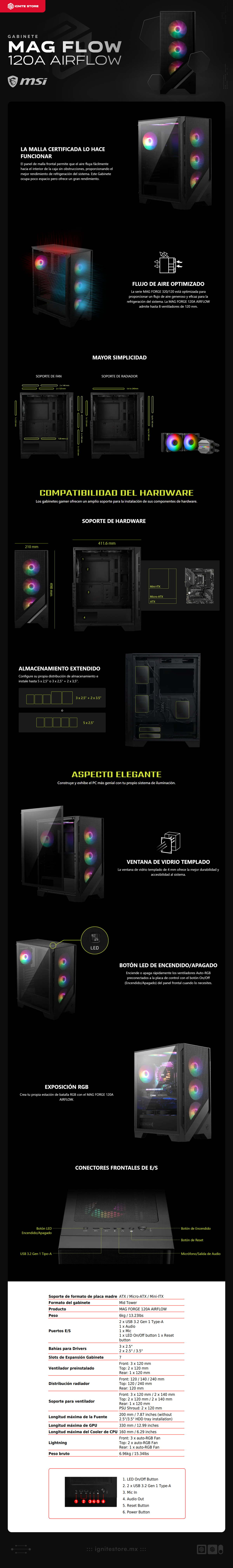 Gabinete MSI MAG FORGE 120A AIRFLOW | Media Torre | ATX / Micro-ATX / Mini-ITX | USB 3.2 | Cristal Templado | MAG FORGE 120A AIRFLOW
