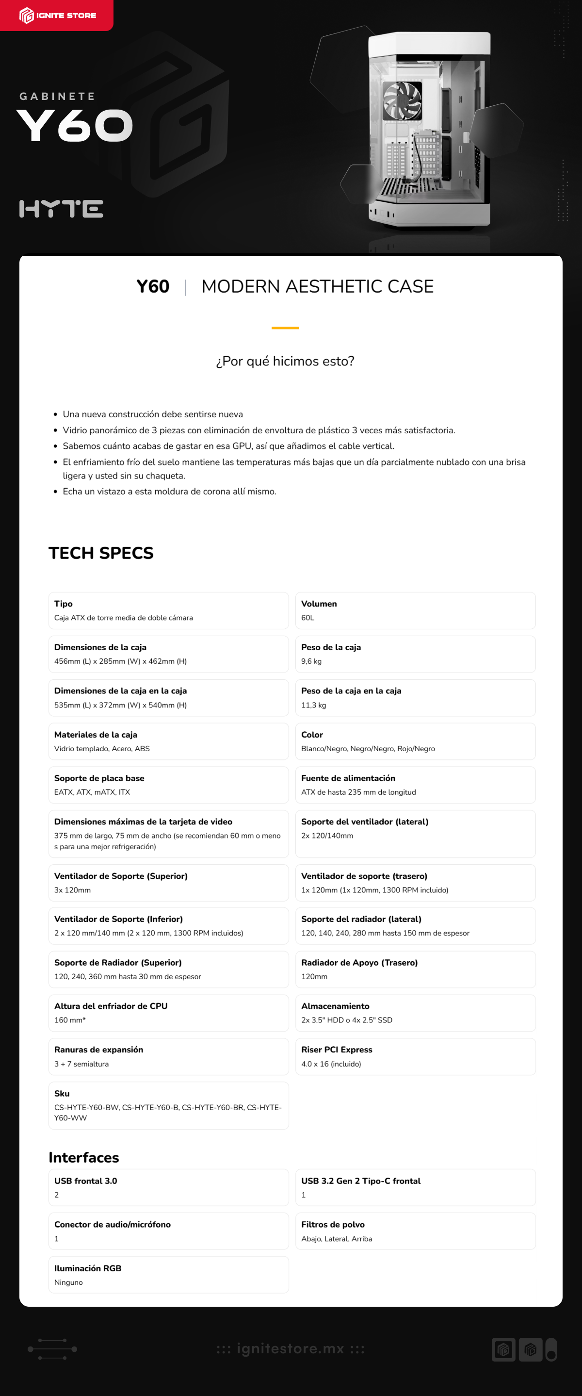 Gabinete HYTE Y60 | Media Torre | E-ATX / ATX / Micro-ATX / Mini-ITX | USB 3.0 / USB 3.2 | Cristal Templado | Blanco (Snow White) | CS-HYTE-Y60-WW