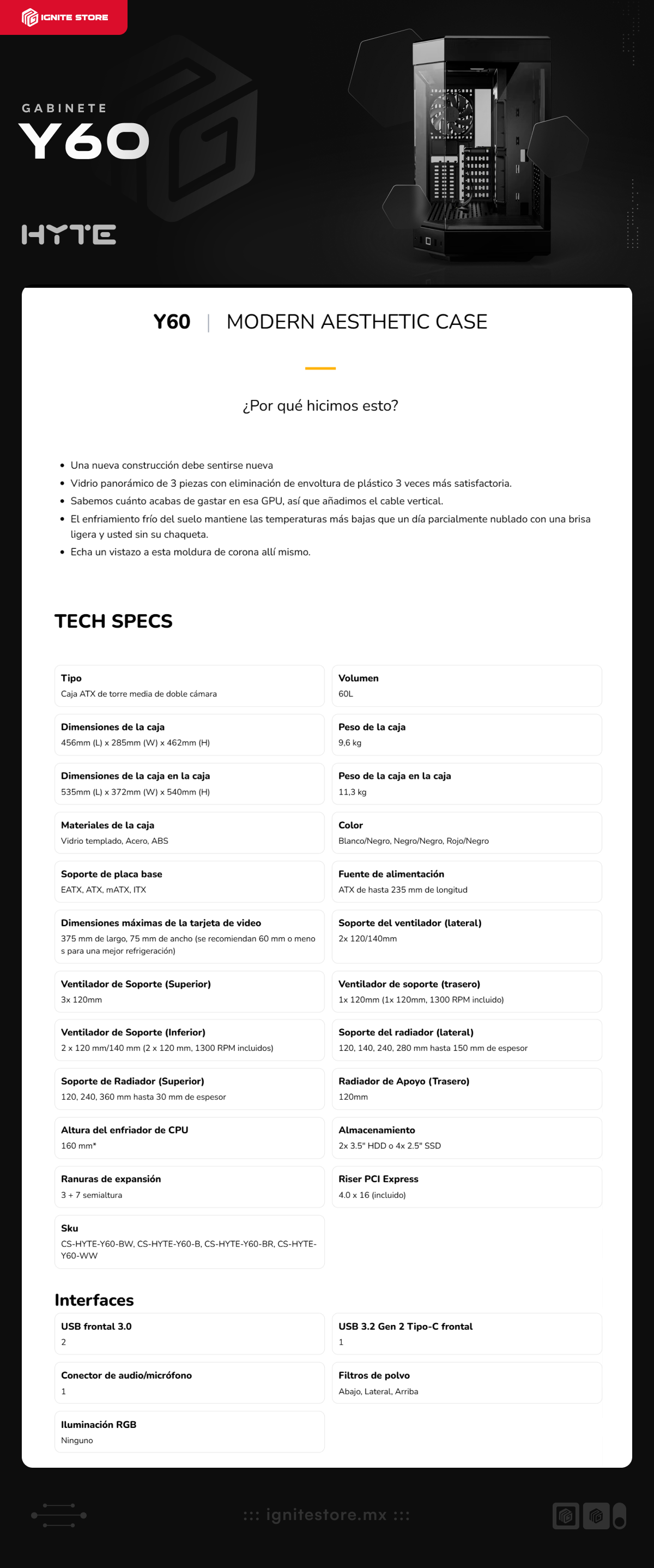 Gabinete HYTE Y60 | Media Torre | E-ATX / ATX / Micro-ATX / Mini-ITX | USB 3.0 / USB 3.2 | Cristal Templado | Negro (Pitch Black) | CS-HYTE-Y60-B