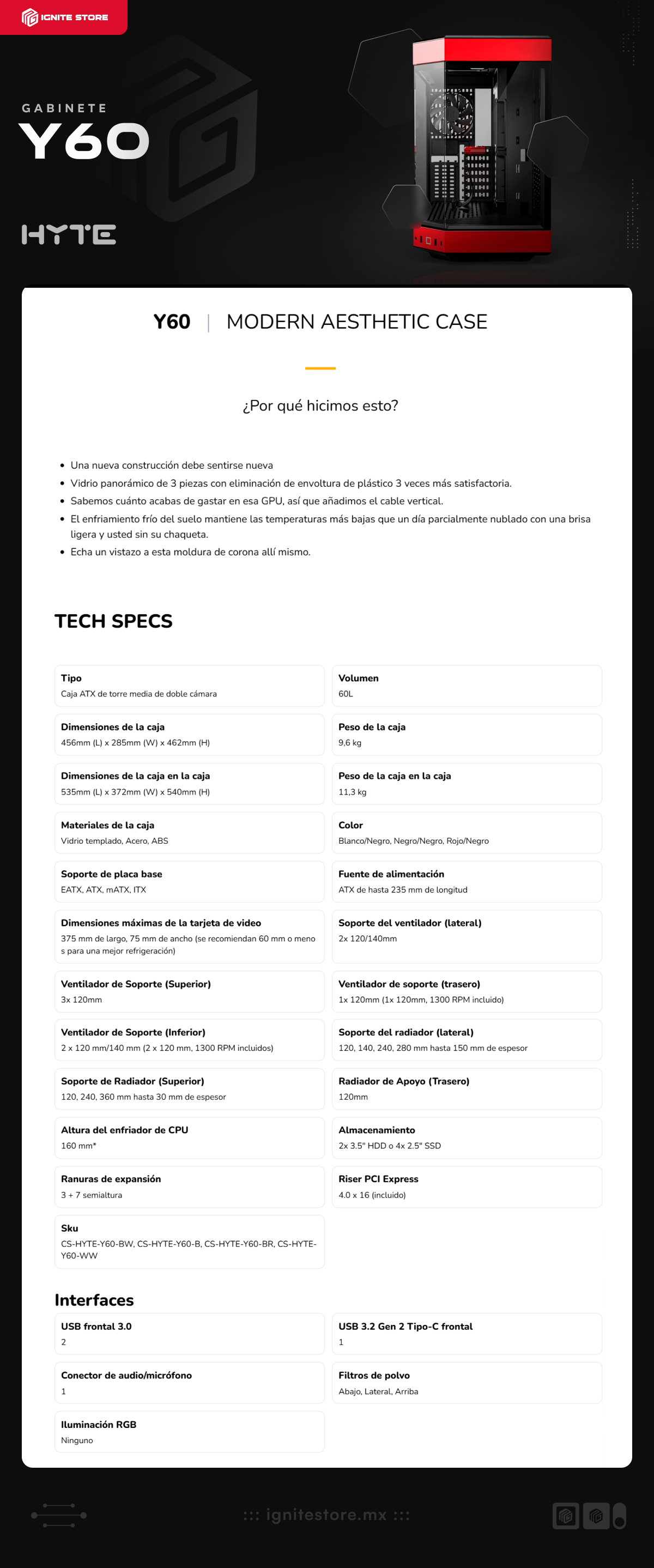 Gabinete HYTE Y60 | Media Torre | E-ATX / ATX / Micro-ATX / Mini-ITX | USB 3.0 / USB 3.2 | Cristal Templado | Negro / Rojo (Black Cherry) | CS-HYTE-Y60-BR