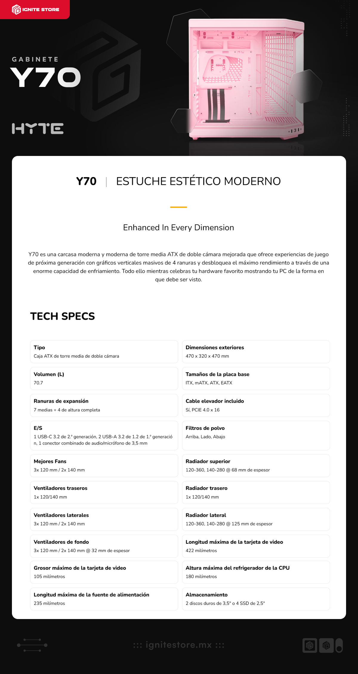 Gabinete HYTE Y70 | Torre Completa | E-ATX / ATX / Micro-ATX / Mini-ITX | USB 3.2 | Cristal Templado Panorámico | Rosa (Strawberry Milk) | CS-HYTE-Y70-SM