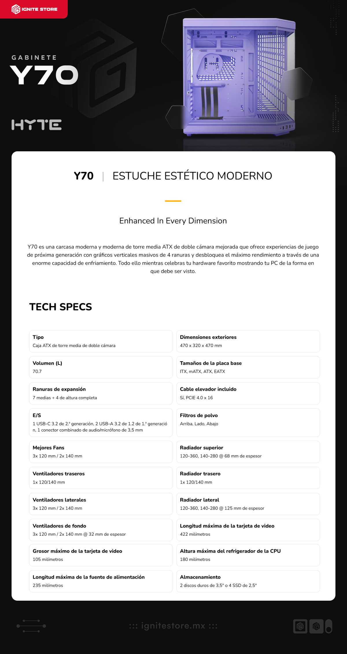 Gabinete HYTE Y70 | Media Torre | E-ATX / ATX / Micro-ATX / Mini-ITX | USB 3.2 | Cristal Templado | Morado (Taro Milk) | CS-HYTE-Y70-TM