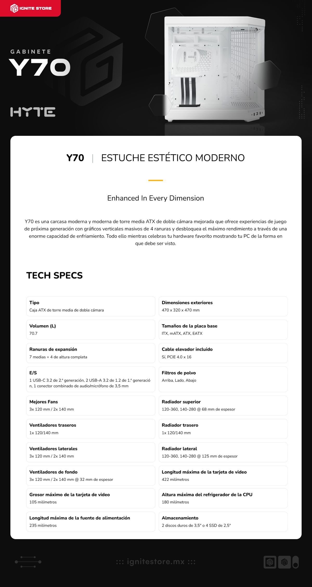 Gabinete HYTE Y70 | Media Torre | E-ATX / ATX / Micro-ATX / Mini-ITX | USB 3.2 | Cristal Templado | Blanco (Snow White) | CS-HYTE-Y70-WW