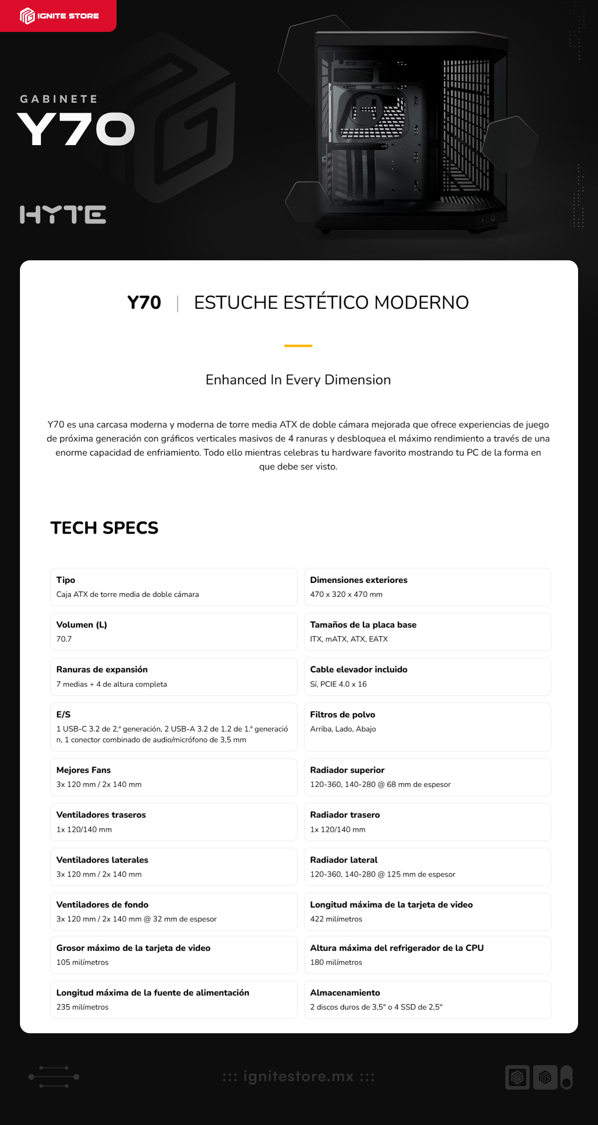 Gabinete HYTE Y70 | Media Torre | E-ATX / ATX / Micro-ATX / Mini-ITX | USB 3.2 | Cristal Templado | Negro (Pitch Black) | CS-HYTE-Y70-B