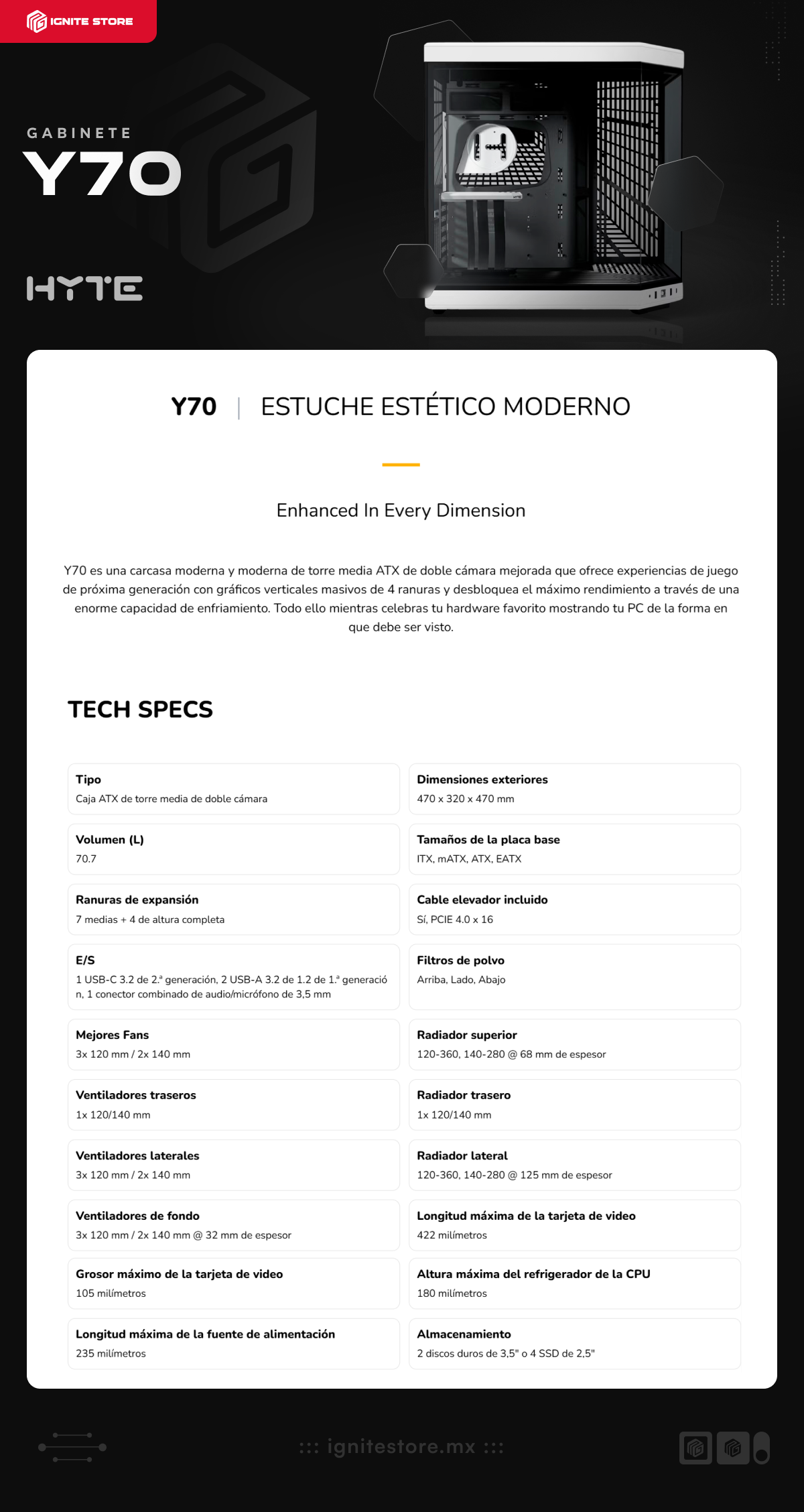 Gabinete HYTE Y70 | Torre Completa | E-ATX / ATX / Micro-ATX / Mini-ITX | USB 3.2 | Cristal Templado Panorámico | Blanco / Negro (Panda) | CS-HYTE-Y70-BW