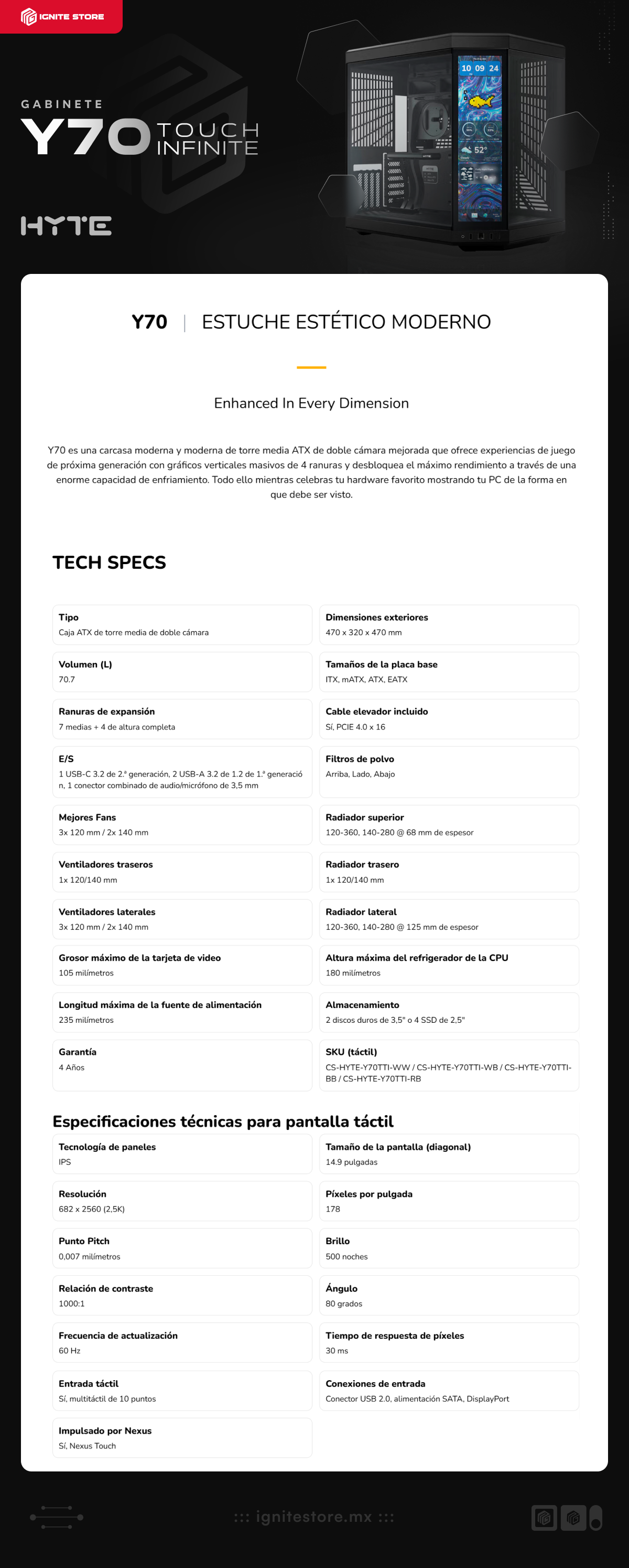 Gabinete HYTE Y70 Touch Infinite | Media Torre | E-ATX / ATX / Micro-ATX / Mini-ITX | USB 3.2 | Cristal Templado | Pantalla Táctil IPS de 14.9" 2.5K | Negro (Pitch Black) | CS-HYTE-Y70TTI-BB