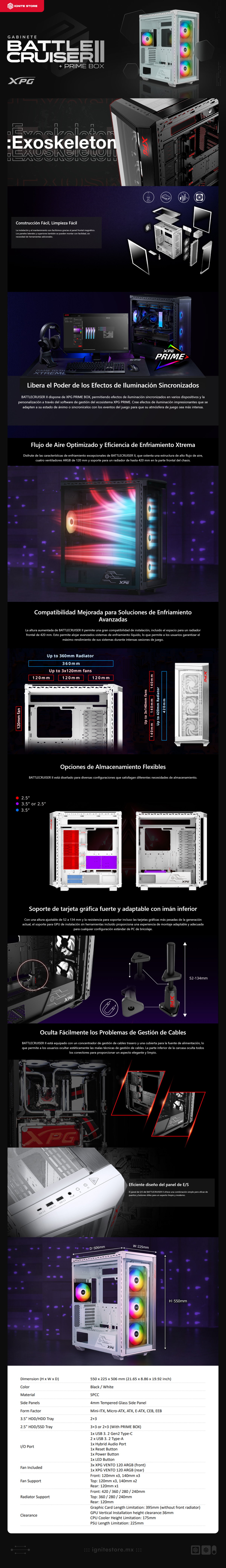 Gabinete ADATA XPG BATTLECRUISER II + PRIME BOX | Media Torre | E-ATX / ATX / M-ATX / ITX | USB 3.2 | Cristal Templado | 4 Ventiladores ARGB Pre-Instalados | Incluye Controlador de RGB XPG PRIME BOX | Blanco | BATTLECRUISERIIPST-WHCWW