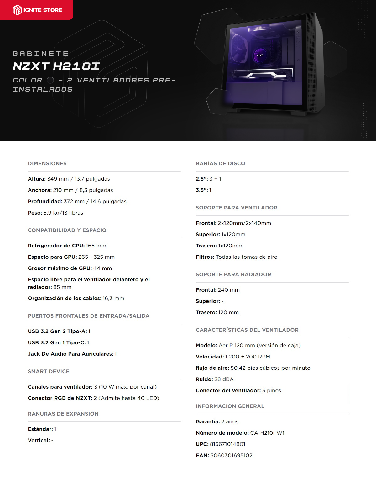 Gabinete gamer NZXT H210i | Black | MITX | Cristal templado | CA-H210I-B1