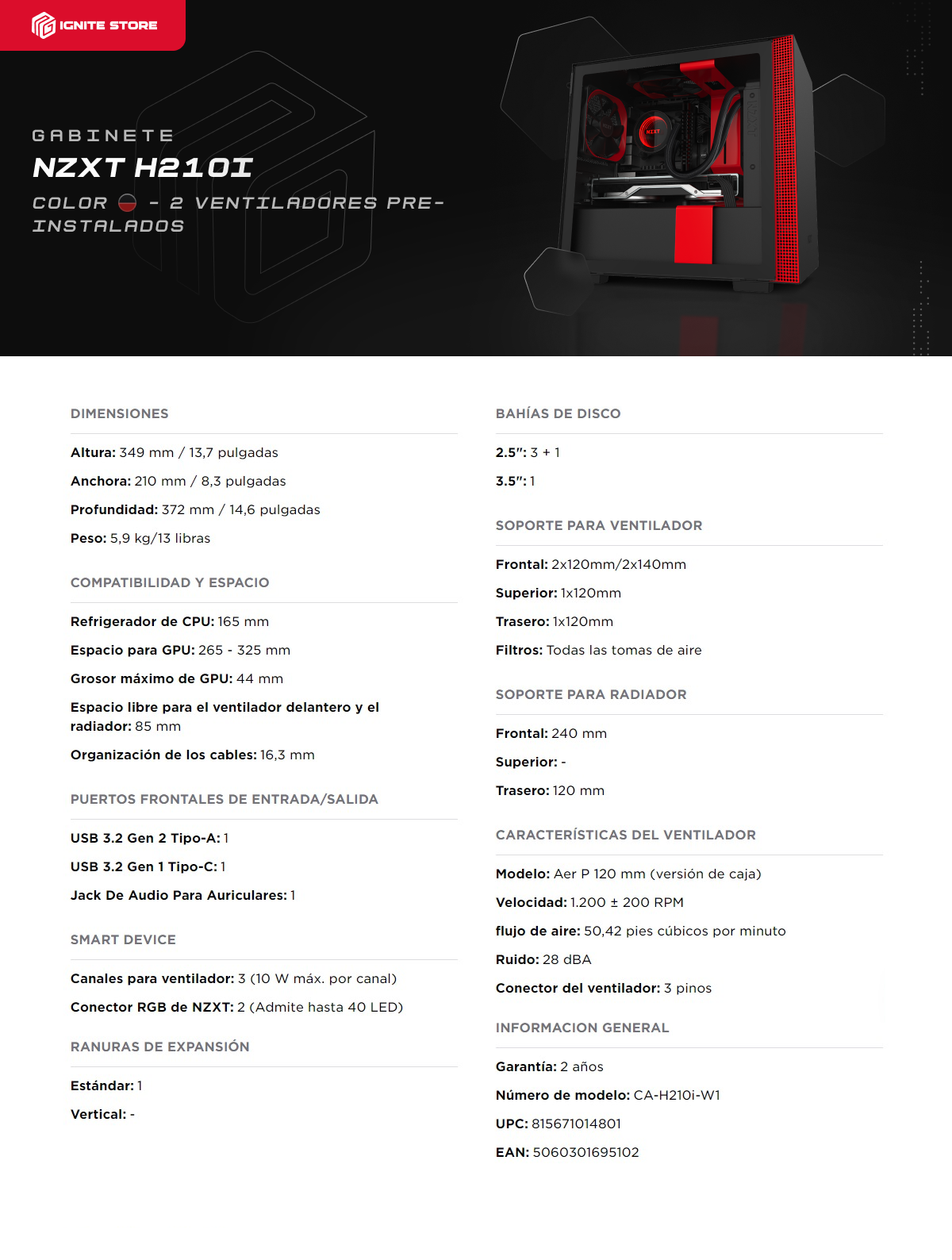 Gabinete gamer NZXT H210i | Black Red | mITX | Cristal templado | CA-H210I-BR