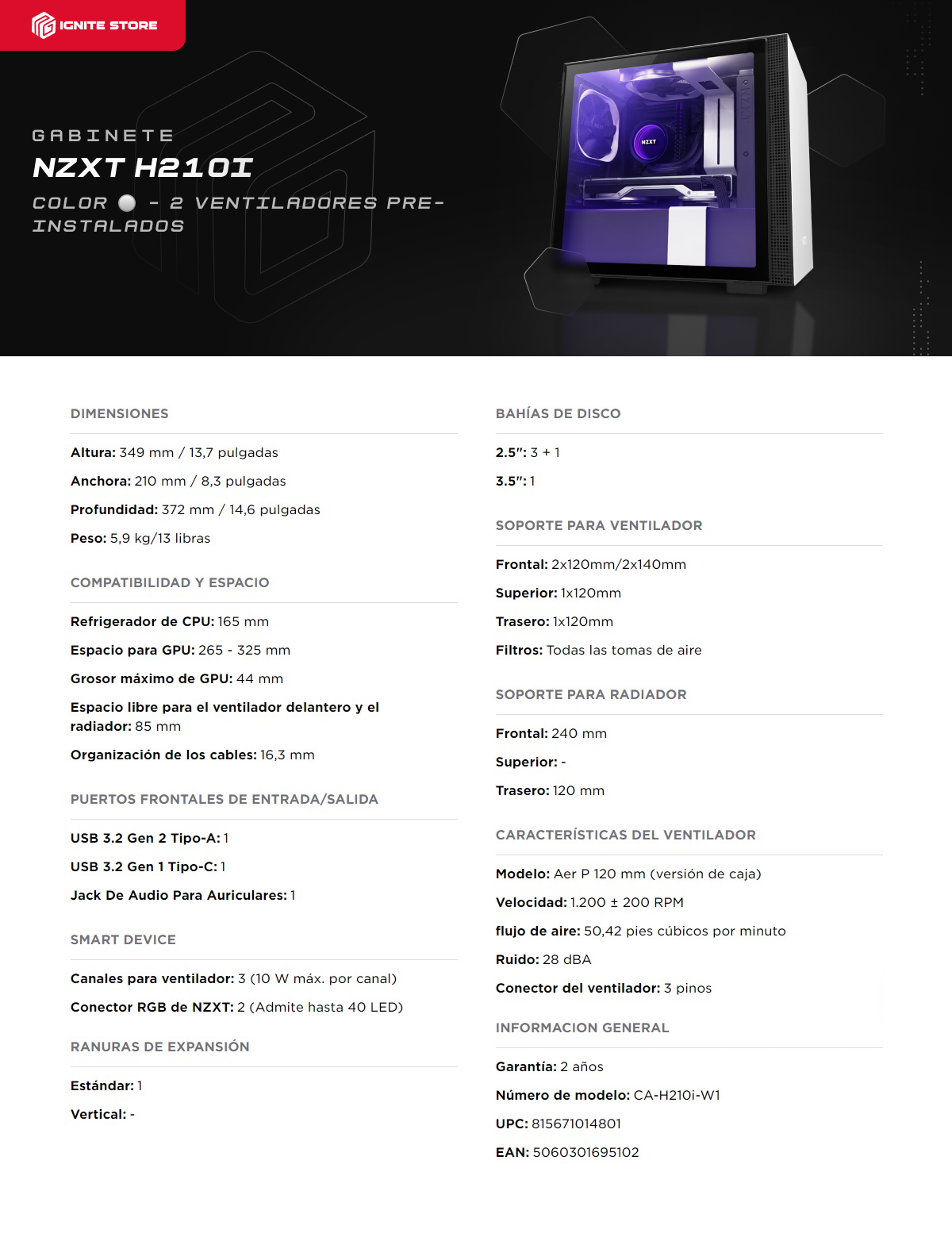 Gabinete gamer NZXT H210i | White/Black | mITX | Cristal templado | CA-H210I-W1