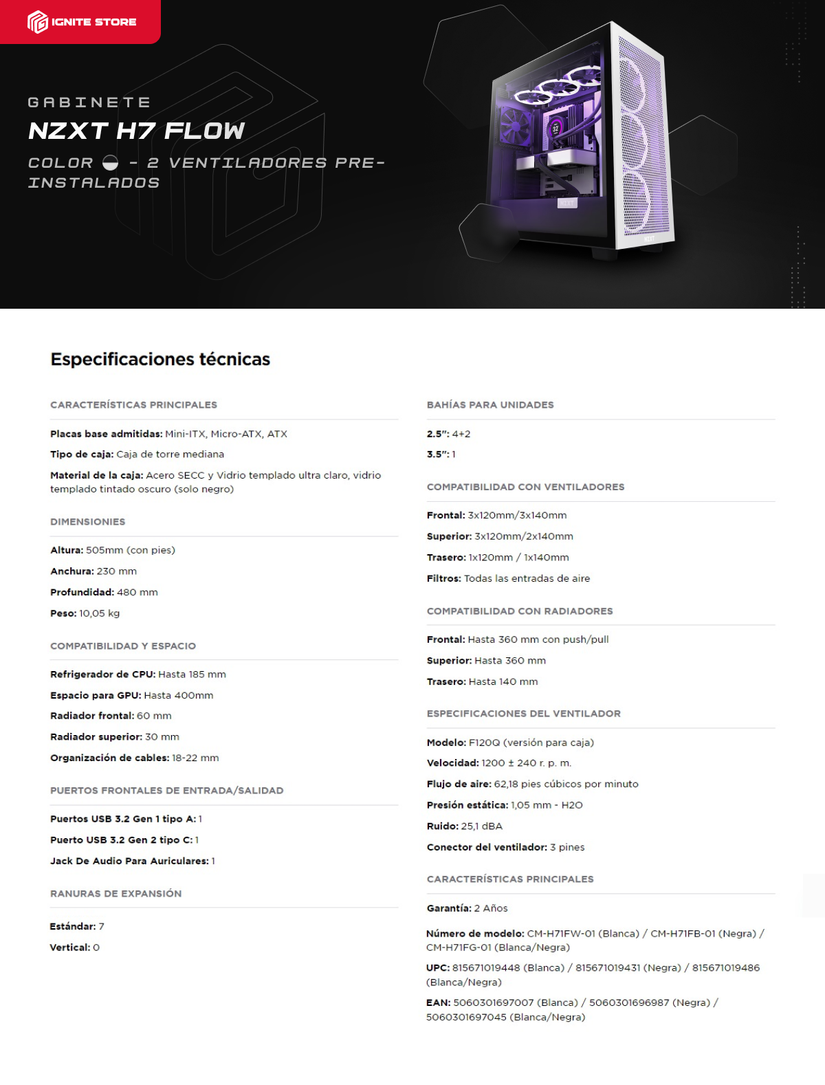 Gabinete gamer NZXT H7 Flow | Black/White | Cristal templado | CM-H71FG-01