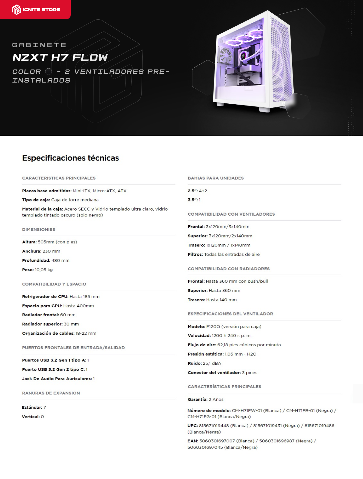 Gabinete gamer NZXT H7 Flow | White | Cristal templado | CM-H71FW-01