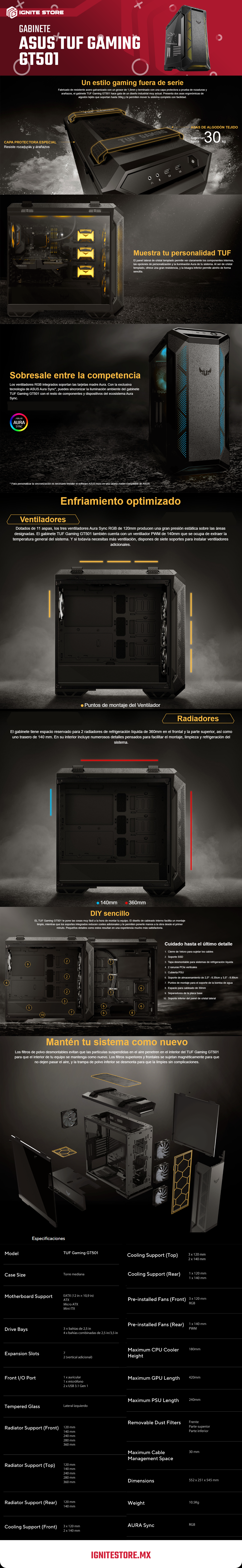 Gabinete ASUS TUF GAMING GT501 | Negro | E-ATX  | 3 ventiladores ARGB Y 1 ventilador preinstalado | TUF GAMING GT501