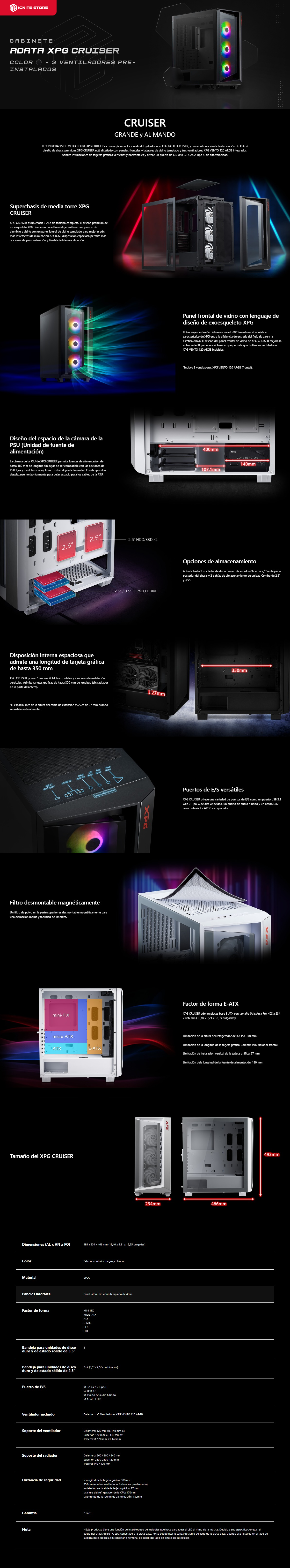 Gabinete Gamer ADATA XPG Cruiser Black | E-ATX | 3 ventiladores incluidos | CRUISERST-BKCWW