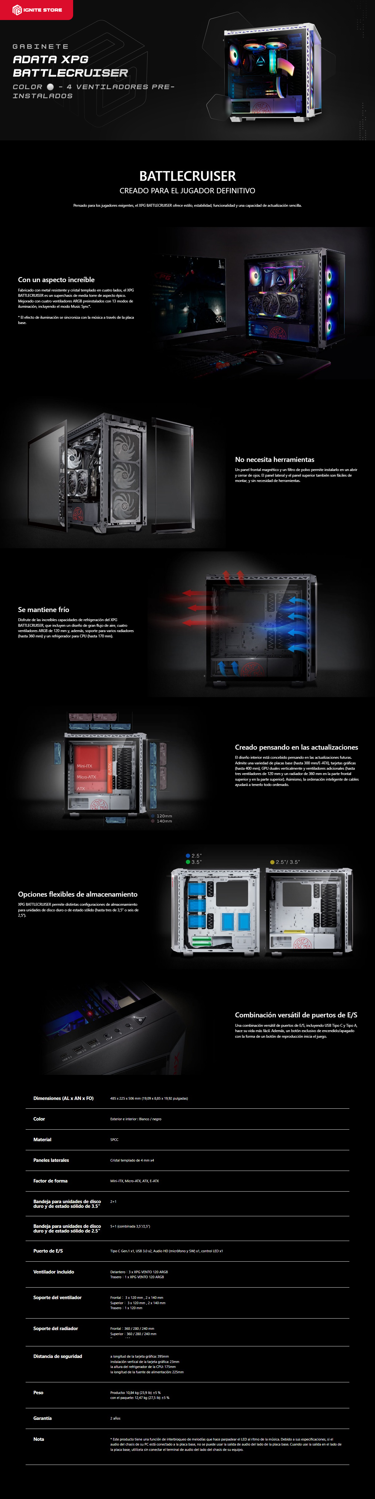 Gabinete ADATA XPG Battlecruiser Blanco | E-ATX | 4 ventiladores ARGB preinstalados | BATTLECRUISER-WHCWW