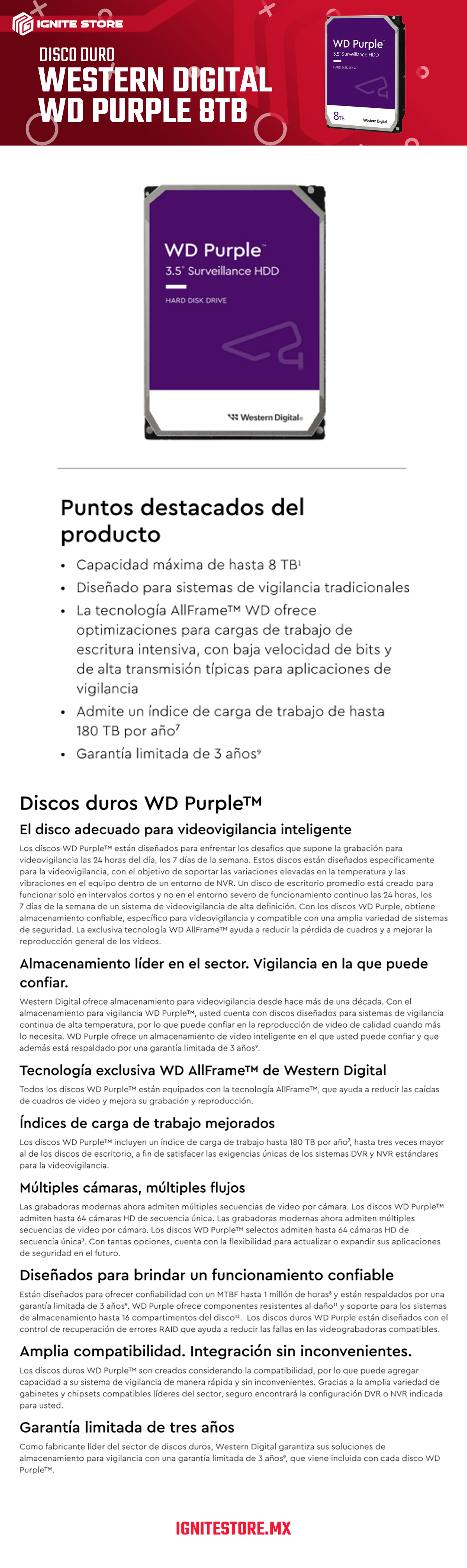 DISCO DURO INTERNO WD 8TB 3.5" 128MB SATA3 5640RPM PURPLE - WD84PURZ