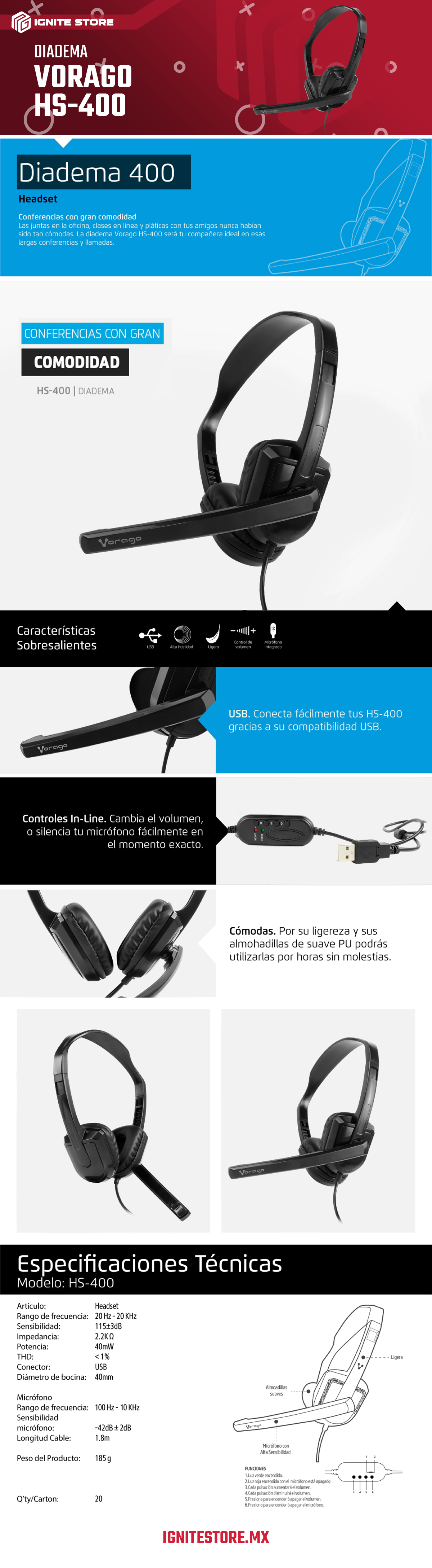 DIADEMA VORAGO HS-400 USB CON MICROFONO - HS-400