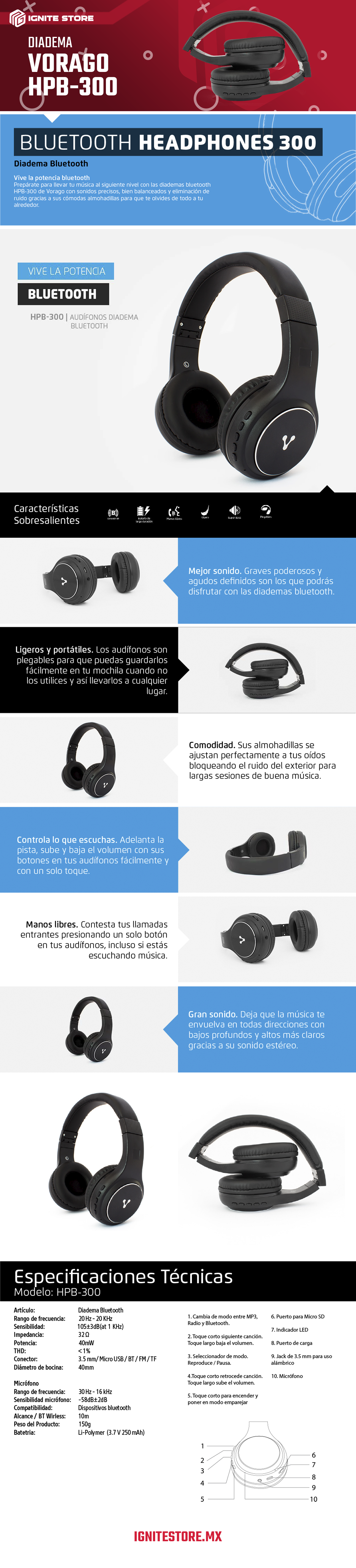 DIADEMA BLUETOOTH VORAGO HPB-300-BK CON RANURA MICRO SD 3.5MM - HPB-300-BK