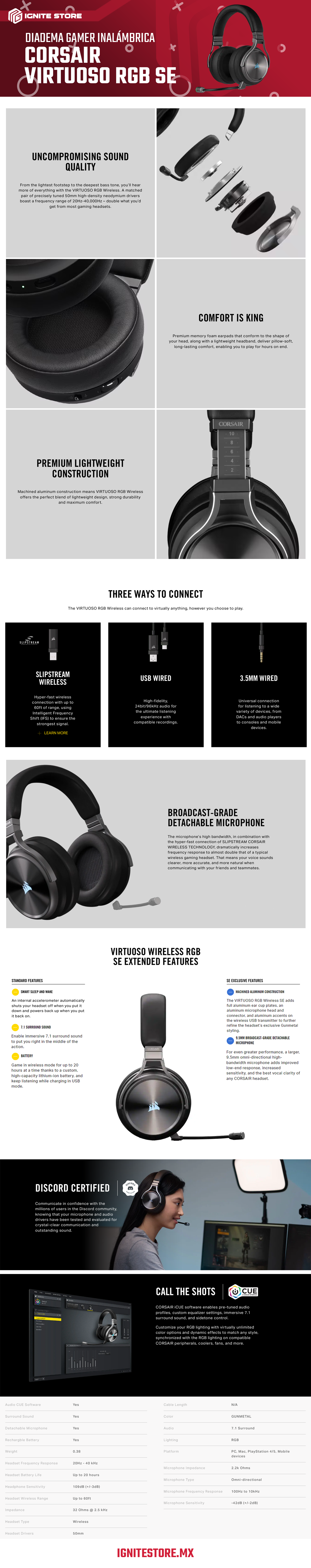 DIADEMA GAMER CORSAIR VIRTUOSO RGB WIRELESS SE GUNMETAL - SLIPSTREAM WIRELESS / CABLE USB /  CABLE 3.5MM - CA-9011180-NA