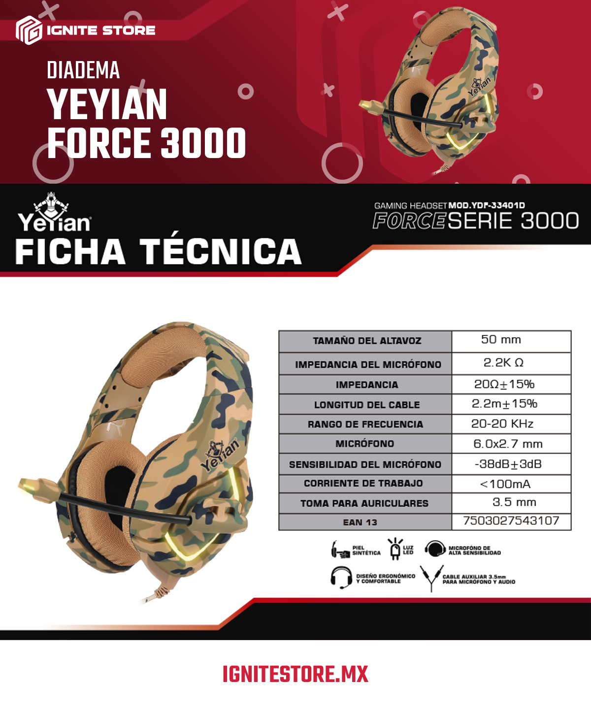 DIADEMA GAMER YEYIAN FORCE 3000 CAMO EDITION - 3.5MM + 3.5 DOBLE + USB - YDF-33401D F (LIQUIDACIÓN SIN GARANTÍA)