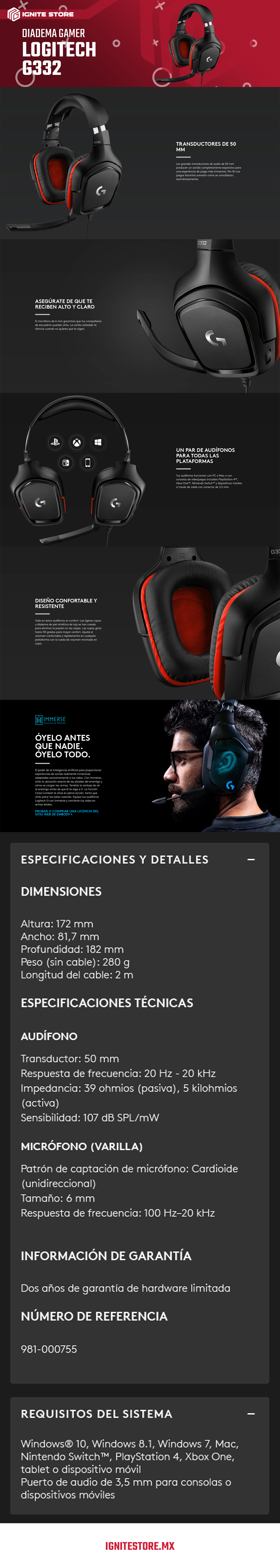 DIADEMA GAMER LOGITECH G332 BLACK/RED CON MICROFONO - 3.5MM - G332