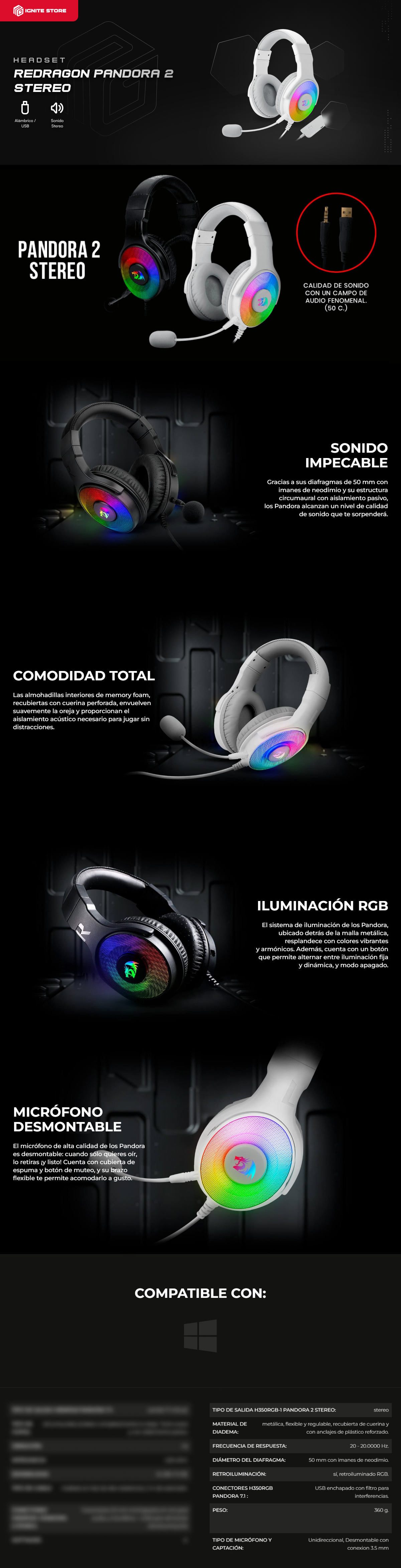 DIADEMA REDRAGON PANDORA 2 | STEREO | BLANCO | PC| X SERIES | PS | SWITCH | MOVIL 3.5mm/USB | H350W-RGB-1